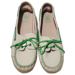 Ugg Women's Shoes US Size 9.5 Ivory Leather Green Laces Slip On Moccasin Loafers